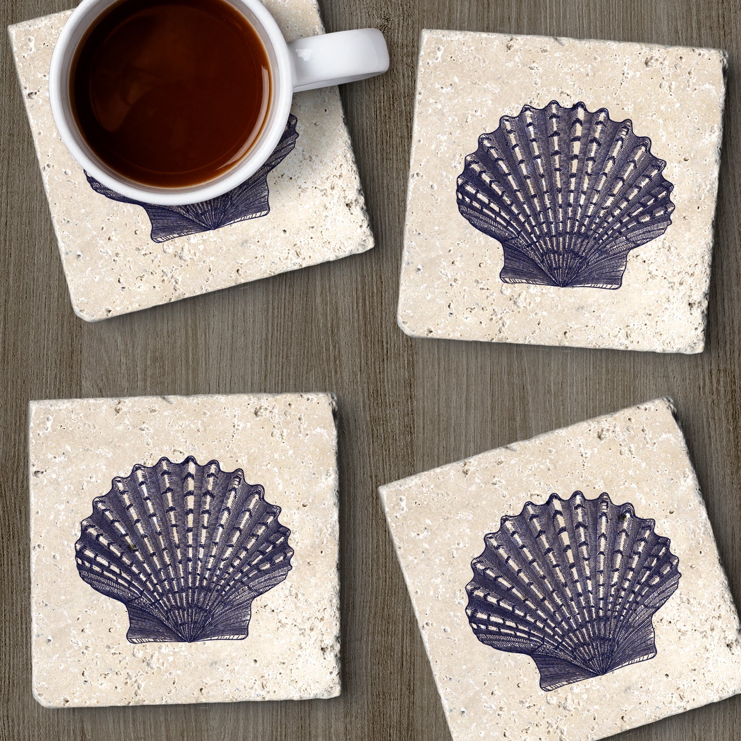 Thirstystone Scallop Shell 4 Pack Natural Travertine Absorbent Stone Coasters with Protective Cork Backing Manufactured in The USA