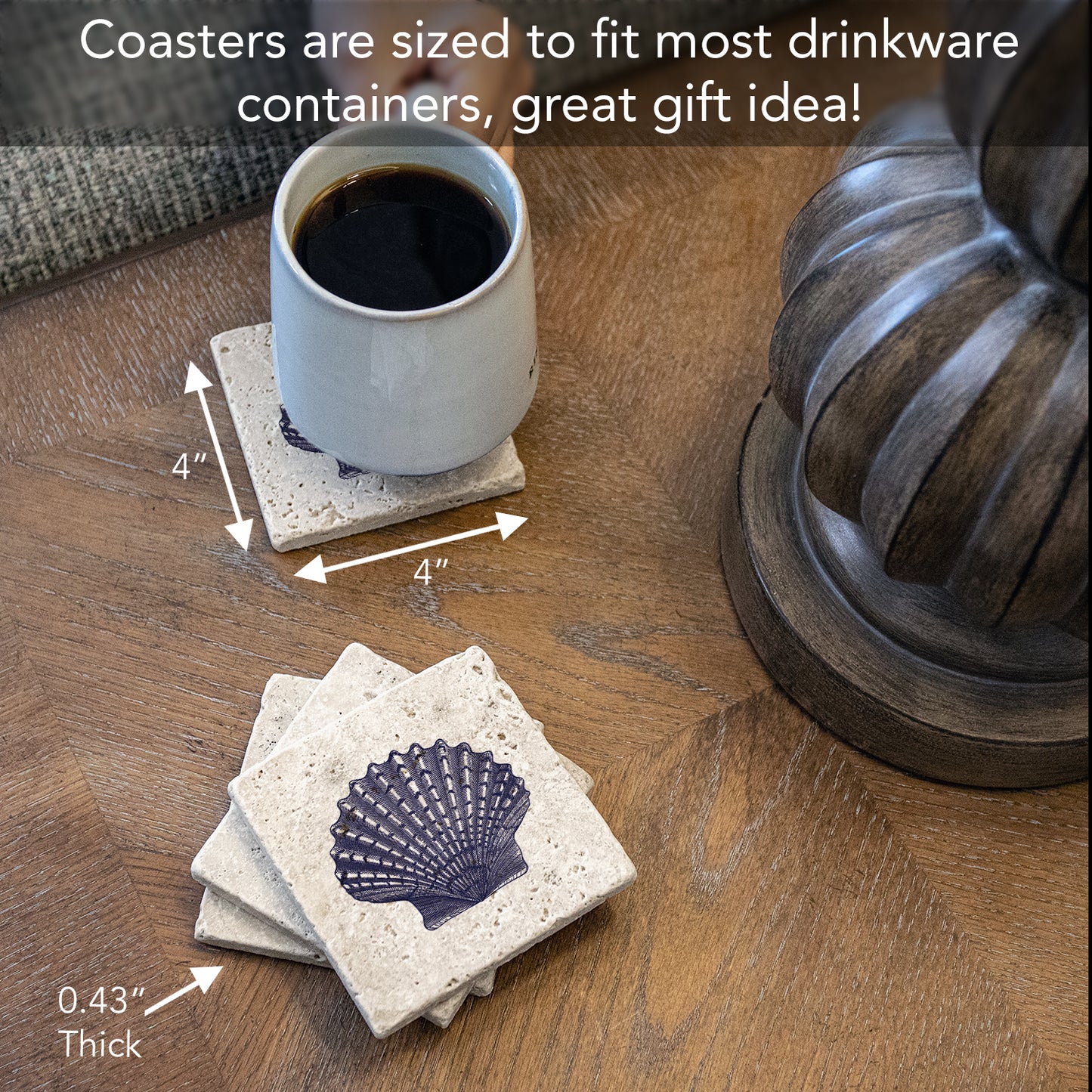 Thirstystone Scallop Shell 4 Pack Natural Travertine Absorbent Stone Coasters with Protective Cork Backing Manufactured in The USA