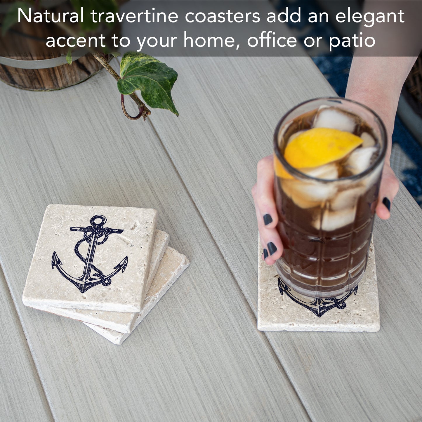 Thirstystone Anchor 4 Pack Natural Travertine Absorbent Stone Coasters with Protective Cork Backing Manufactured in The USA