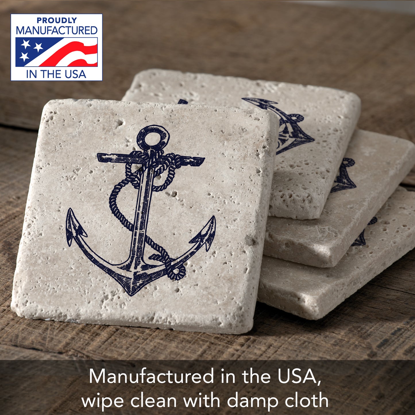 Thirstystone Anchor 4 Pack Natural Travertine Absorbent Stone Coasters with Protective Cork Backing Manufactured in The USA