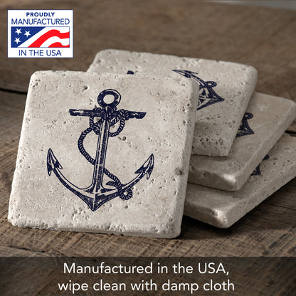 Thirstystone Anchor 4 Pack Natural Travertine Absorbent Stone Coasters with Protective Cork Backing Manufactured in The USA