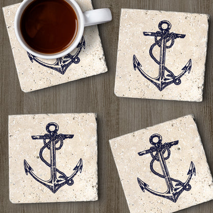 Thirstystone Anchor 4 Pack Natural Travertine Absorbent Stone Coasters with Protective Cork Backing Manufactured in The USA