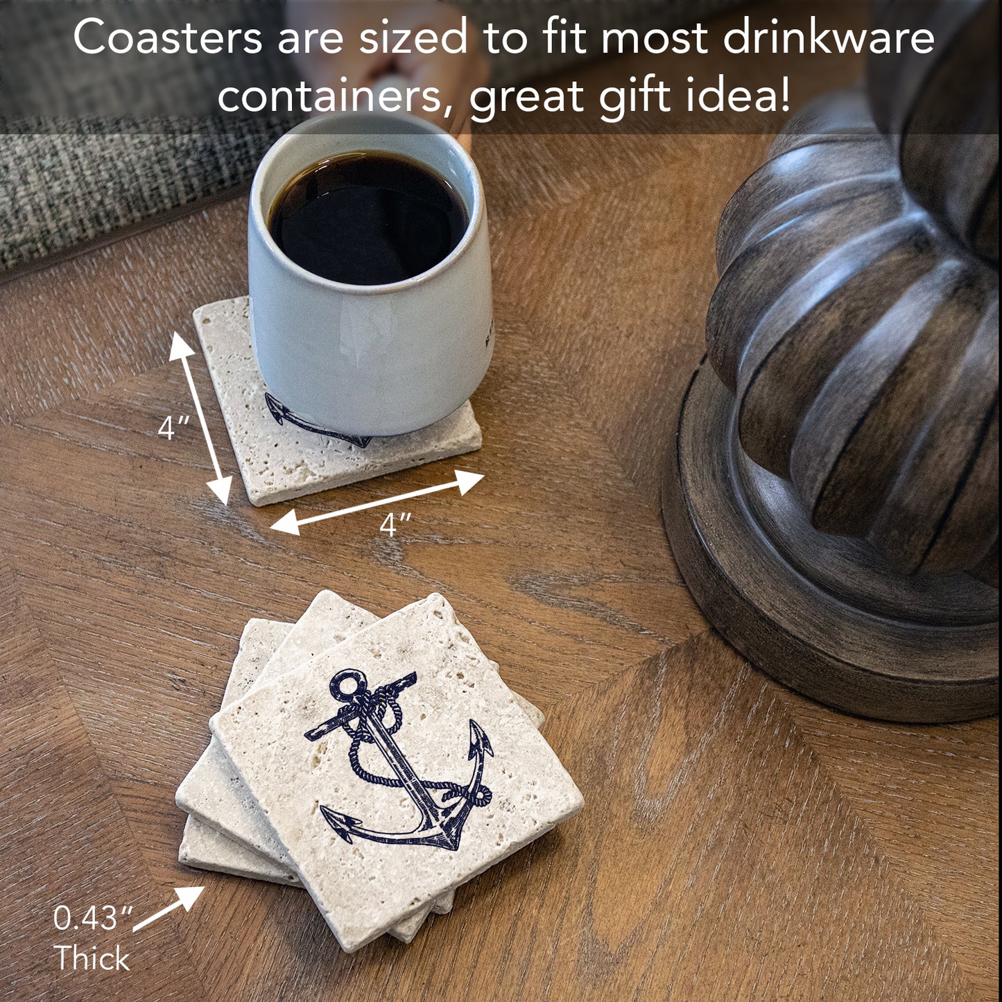 Thirstystone Anchor 4 Pack Natural Travertine Absorbent Stone Coasters with Protective Cork Backing Manufactured in The USA