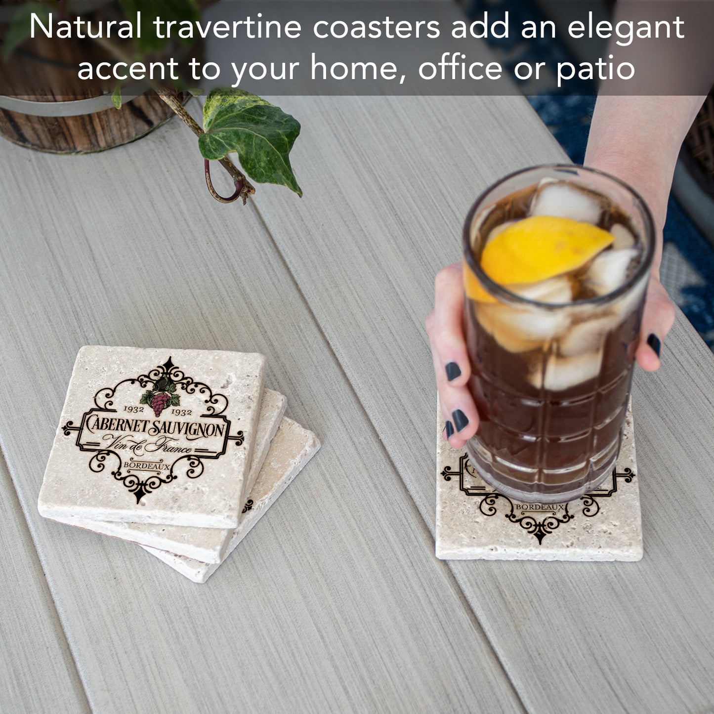 Thirstystone Vin De France 4 Pack Natural Travertine Absorbent Stone Coasters with Protective Cork Backing Manufactured in The USA