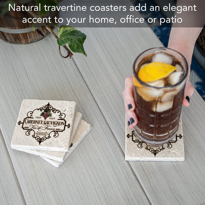 Thirstystone Vin De France 4 Pack Natural Travertine Absorbent Stone Coasters with Protective Cork Backing Manufactured in The USA