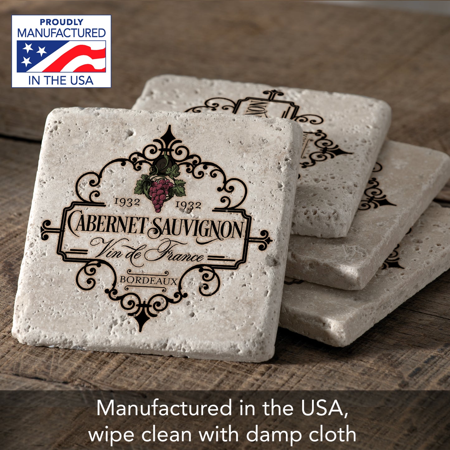 Thirstystone Vin De France 4 Pack Natural Travertine Absorbent Stone Coasters with Protective Cork Backing Manufactured in The USA