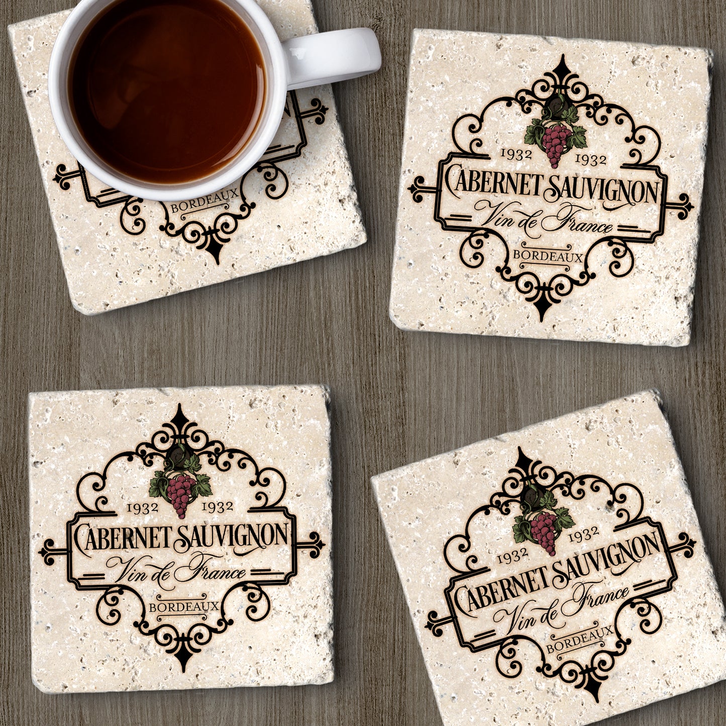 Thirstystone Vin De France 4 Pack Natural Travertine Absorbent Stone Coasters with Protective Cork Backing Manufactured in The USA