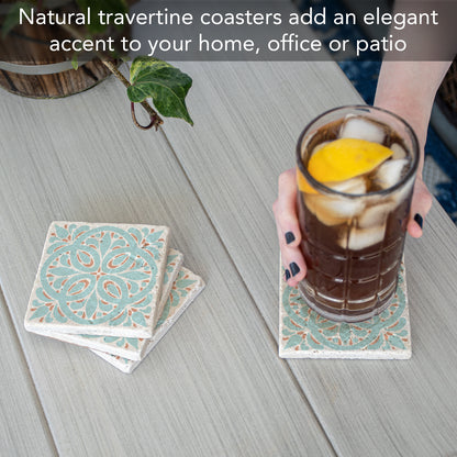 Thirstystone Aegean Tile 4 Pack Natural Travertine Absorbent Stone Coasters with Protective Cork Backing Manufactured in The USA