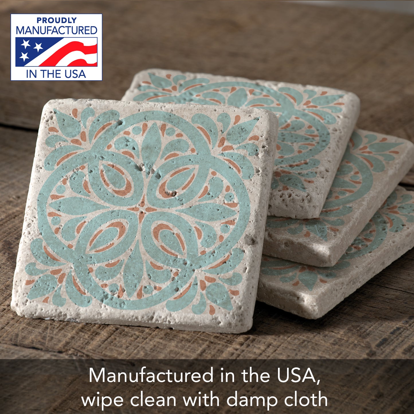 Thirstystone Aegean Tile 4 Pack Natural Travertine Absorbent Stone Coasters with Protective Cork Backing Manufactured in The USA