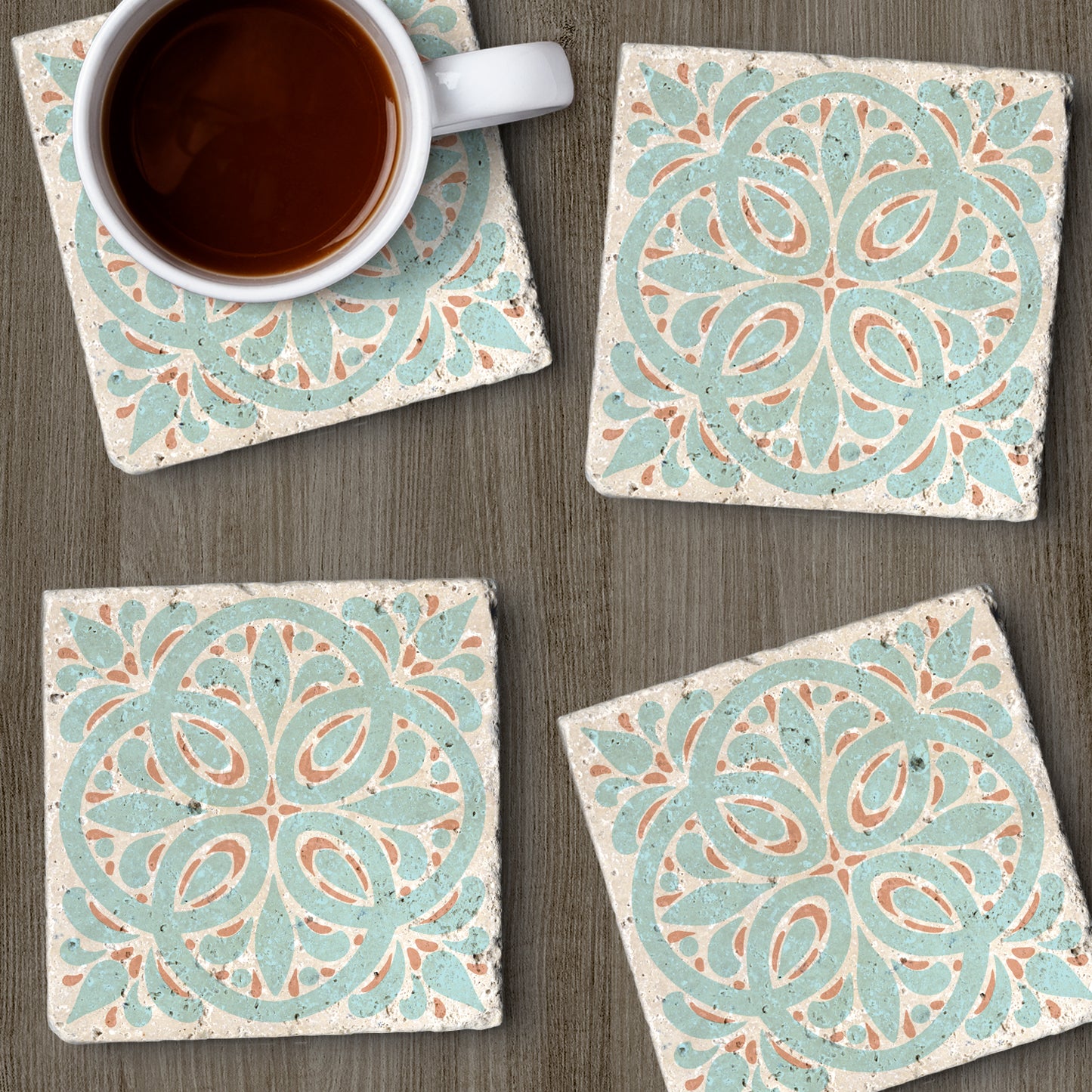Thirstystone Aegean Tile 4 Pack Natural Travertine Absorbent Stone Coasters with Protective Cork Backing Manufactured in The USA