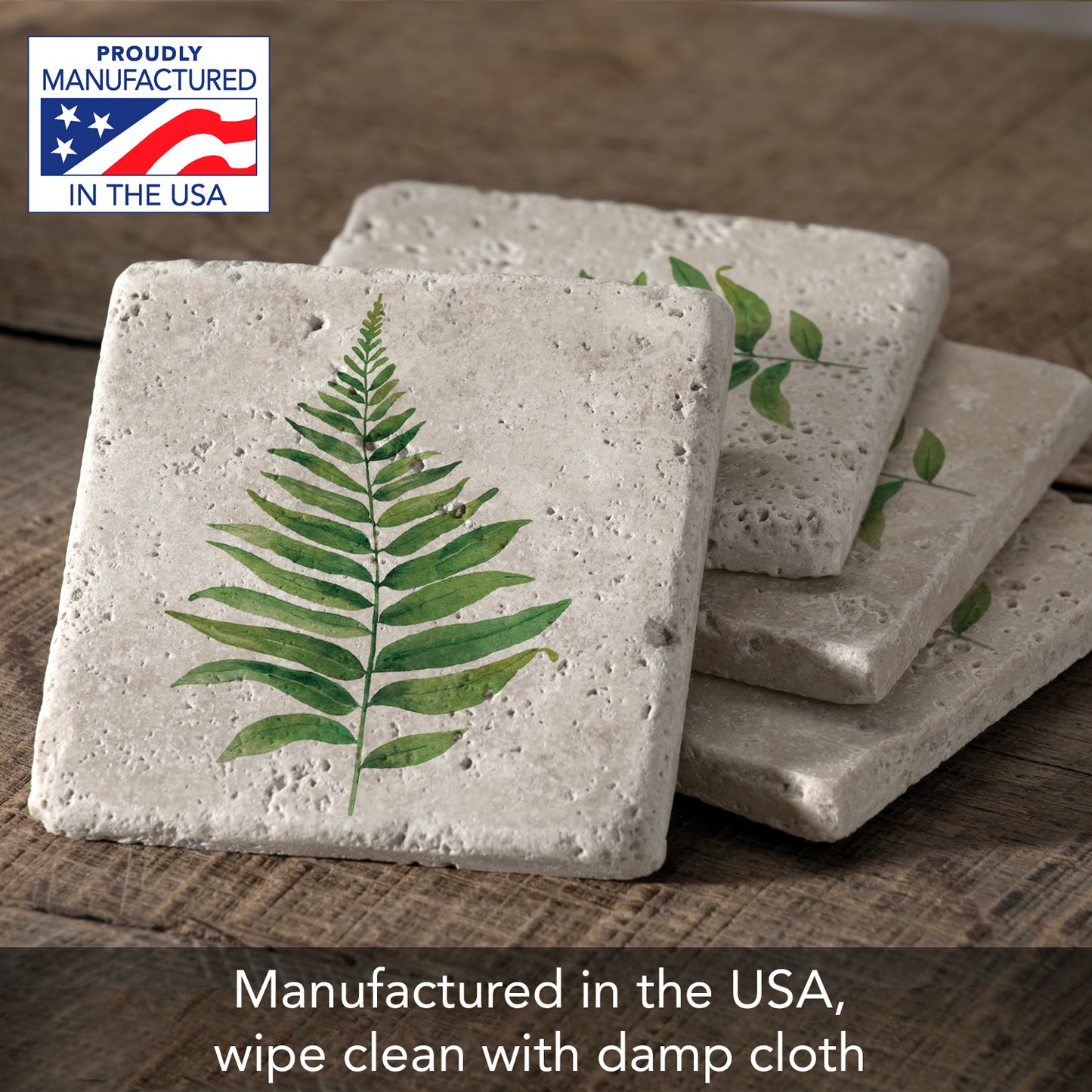 Thirstystone Fern Study 4 Pack Natural Travertine Absorbent Stone Coasters with Protective Cork Backing Manufactured in The USA