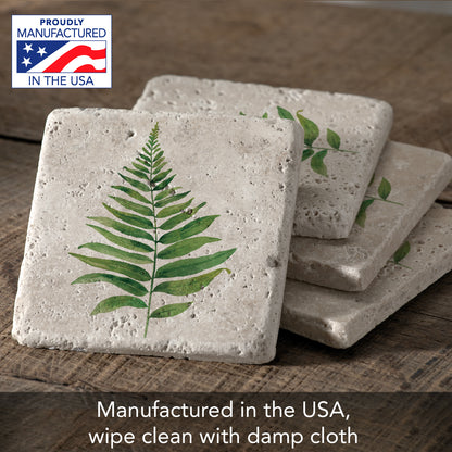 Thirstystone Fern Study 4 Pack Natural Travertine Absorbent Stone Coasters with Protective Cork Backing Manufactured in The USA