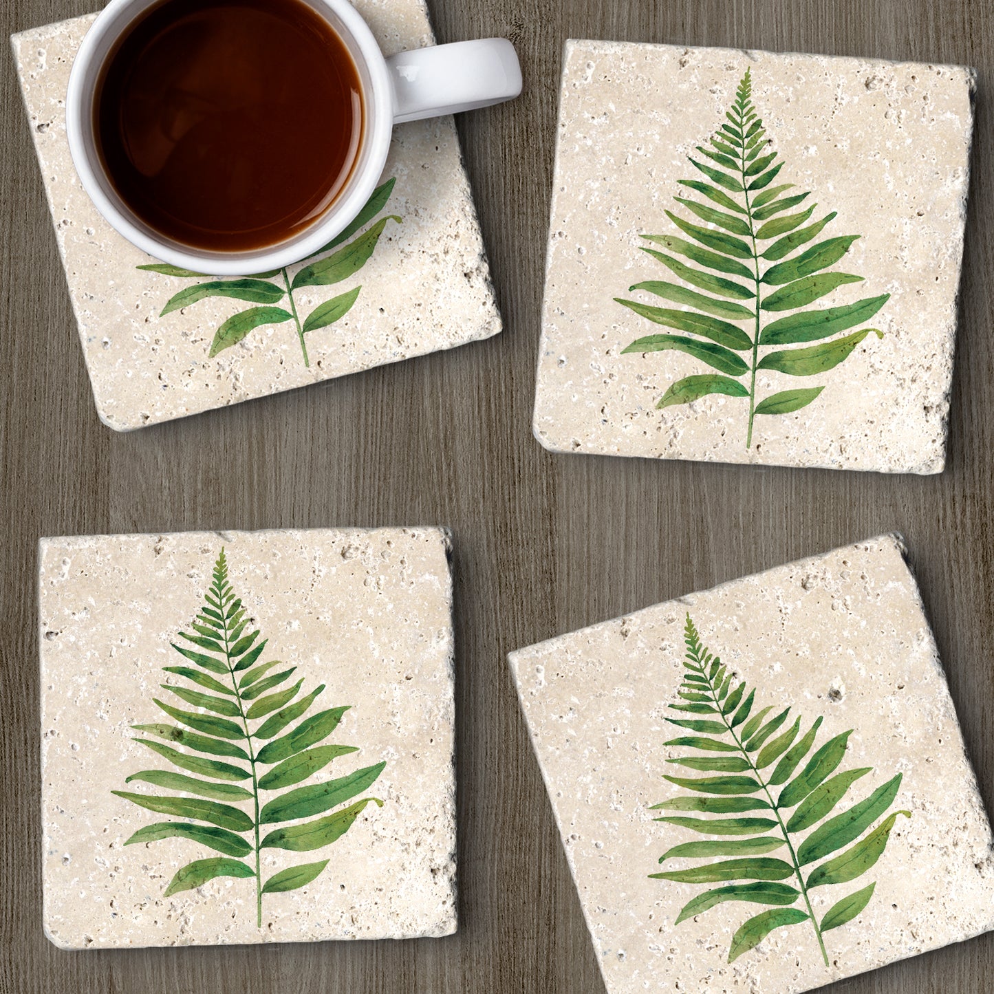 Thirstystone Fern Study 4 Pack Natural Travertine Absorbent Stone Coasters with Protective Cork Backing Manufactured in The USA