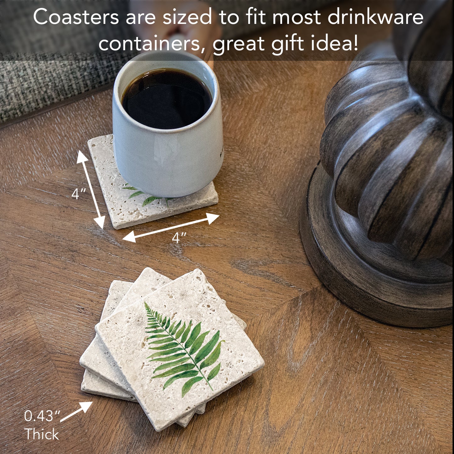 Thirstystone Fern Study 4 Pack Natural Travertine Absorbent Stone Coasters with Protective Cork Backing Manufactured in The USA