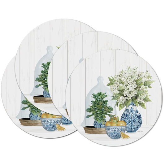 CounterArt Blue & White Pottery 4 Pack Round Reversible Easy Care Flexible Placemats Made in the USA