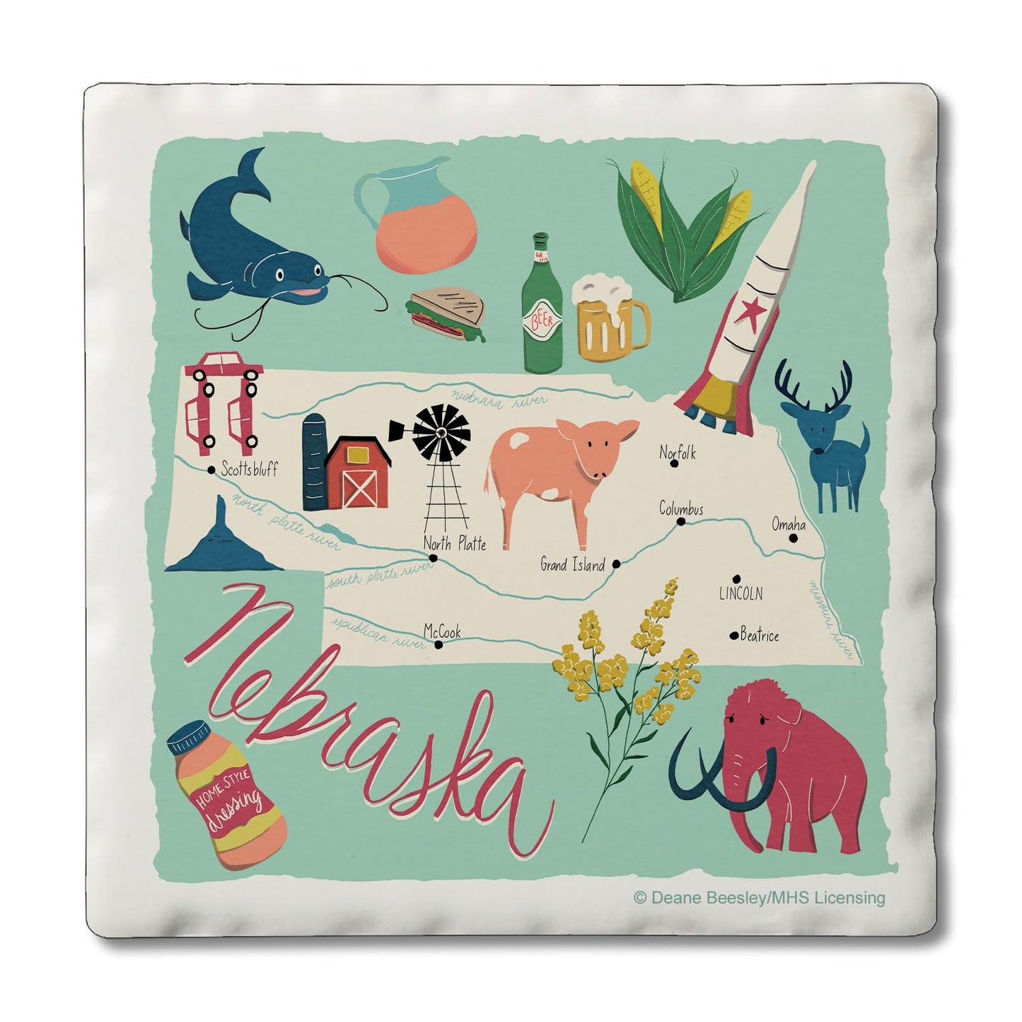 Thirstystone Nebraska Home State 4 Pack Tumbled Tile Stone Coasters with Protective Cork Backing 4" Square Manufactured in The USA Artistic Absorbent Easily Wipes Clean