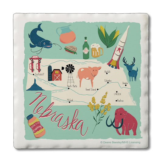 Thirstystone Nebraska Home State 4 Pack Tumbled Tile Stone Coasters with Protective Cork Backing 4" Square Manufactured in The USA Artistic Absorbent Easily Wipes Clean