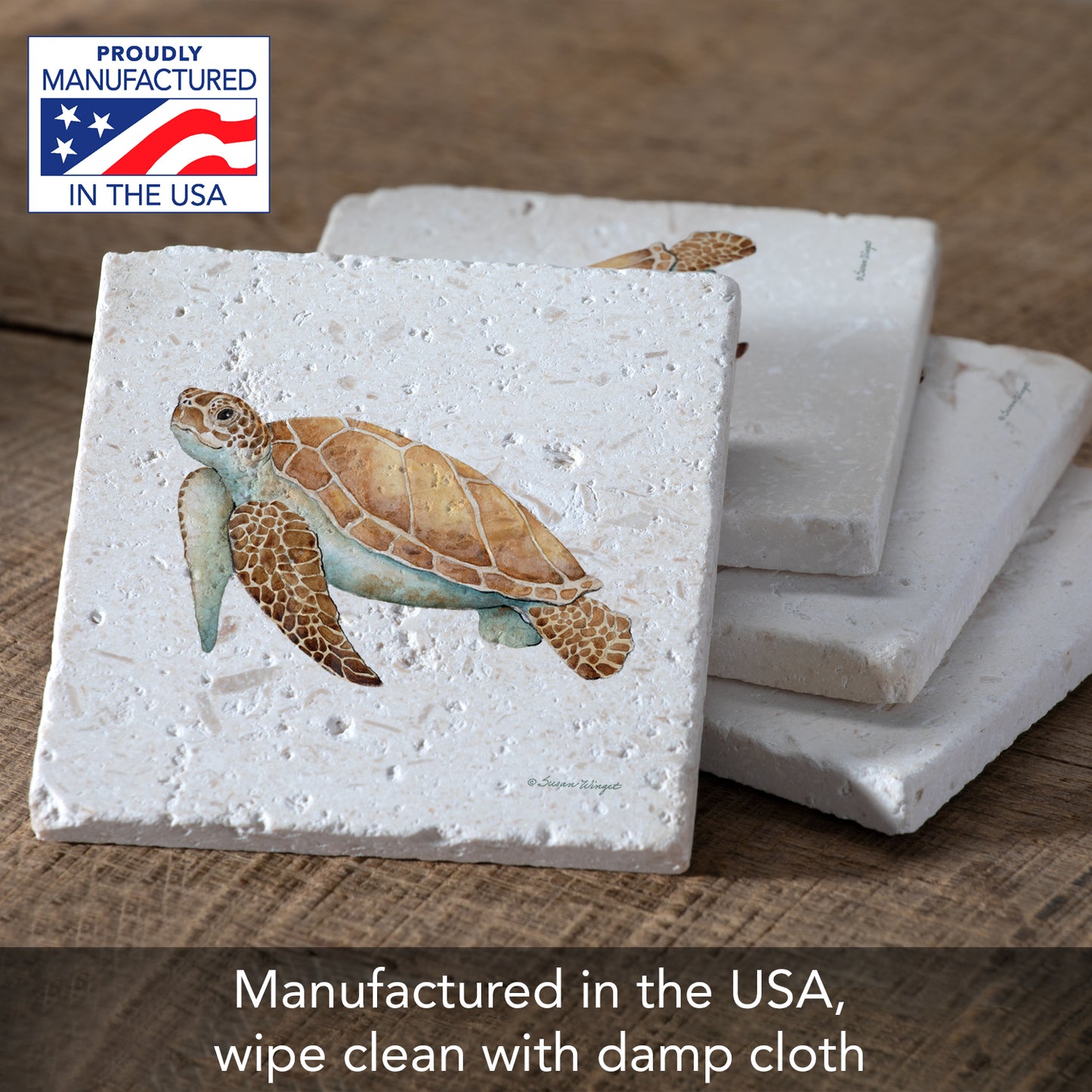 Thirstystone Sea Turtle 4 Pack Natural Shell Stone Absorbent Coasters with Protective Cork Backing Manufactured in The USA