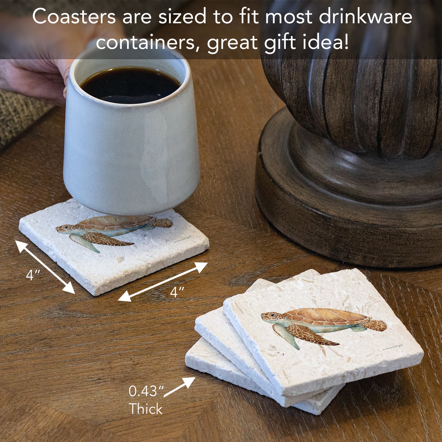 Thirstystone Sea Turtle 4 Pack Natural Shell Stone Absorbent Coasters with Protective Cork Backing Manufactured in The USA