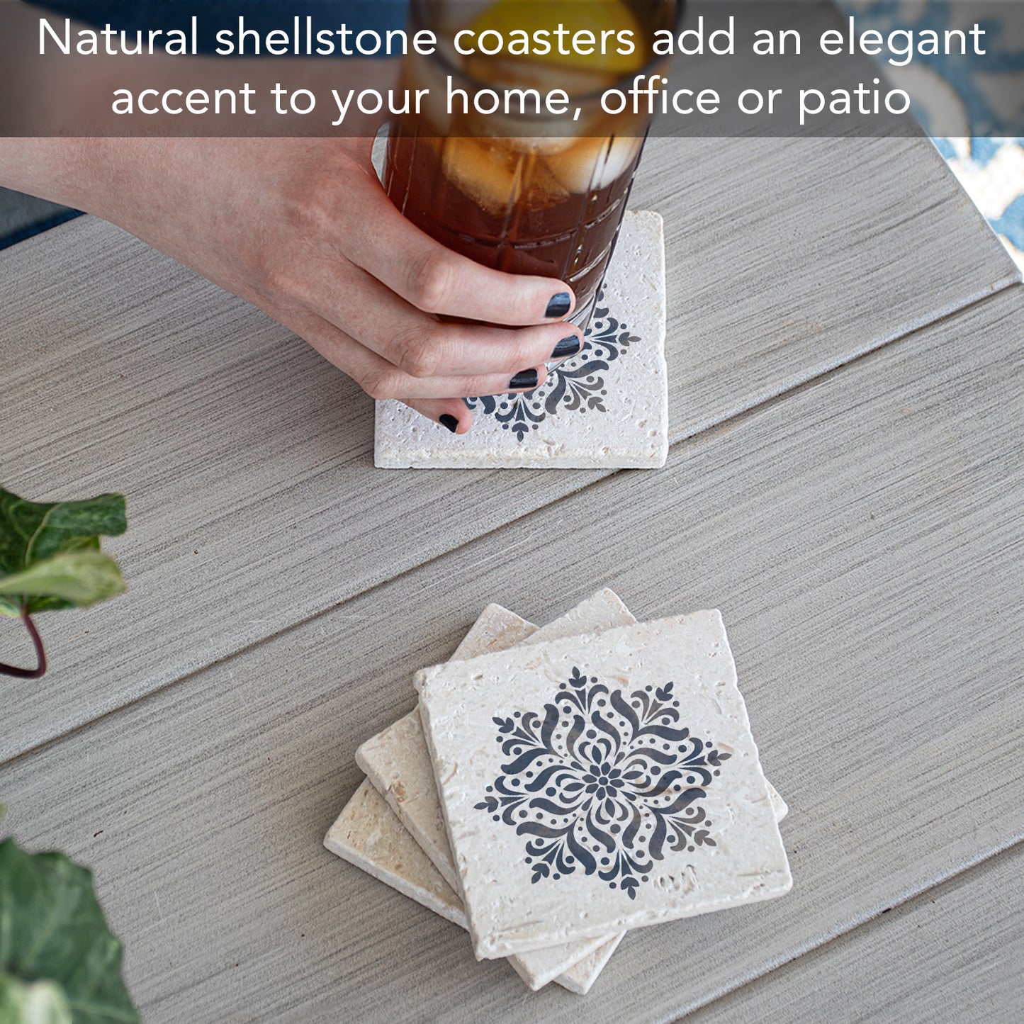 Thirstystone Blue Medallion 4 Pack Natural Shell Stone Absorbent Coasters with Protective Cork Backing Manufactured in The USA