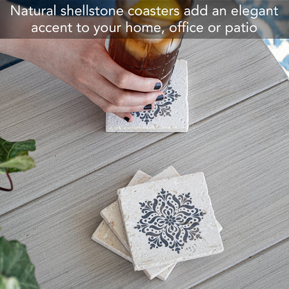 Thirstystone Blue Medallion 4 Pack Natural Shell Stone Absorbent Coasters with Protective Cork Backing Manufactured in The USA