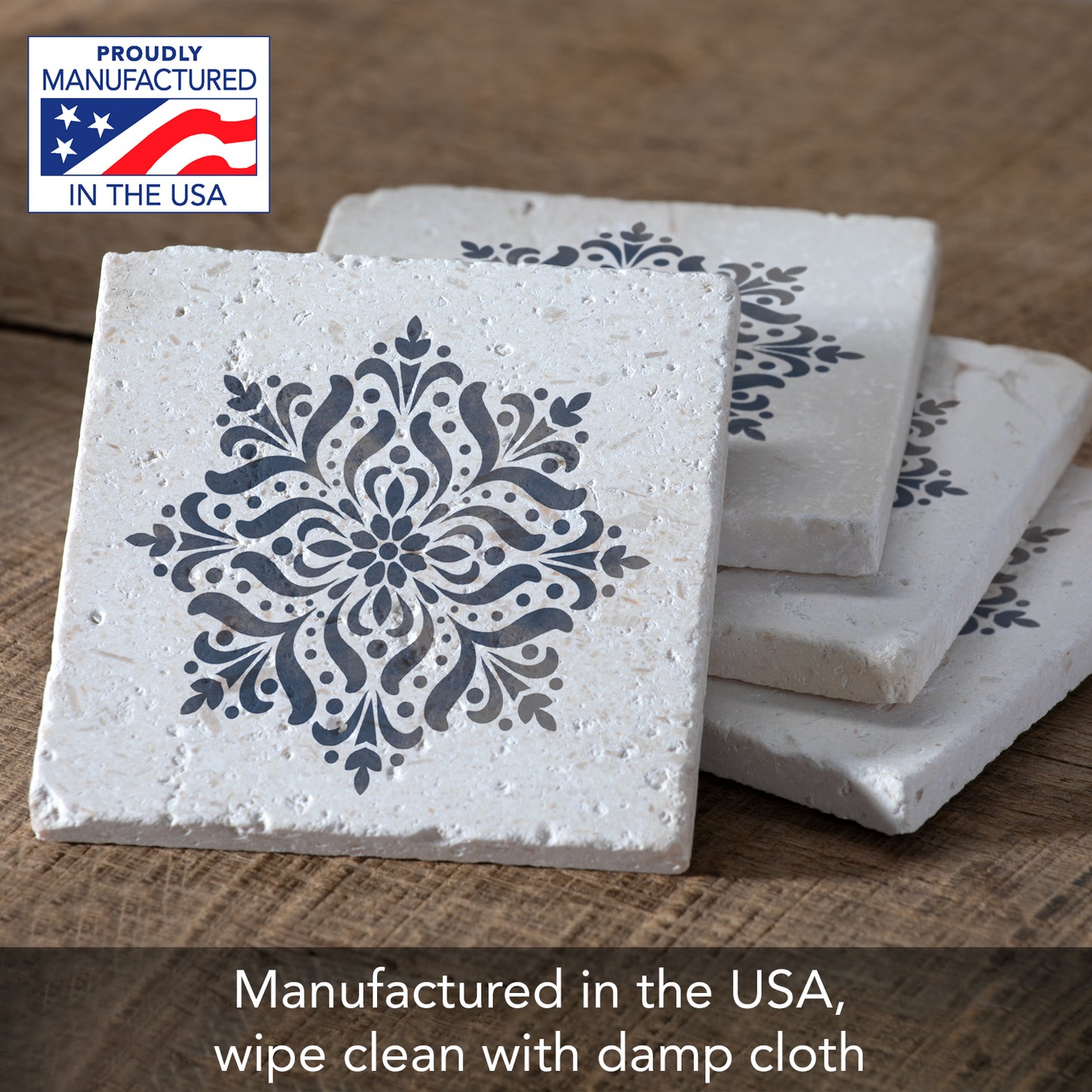 Thirstystone Blue Medallion 4 Pack Natural Shell Stone Absorbent Coasters with Protective Cork Backing Manufactured in The USA