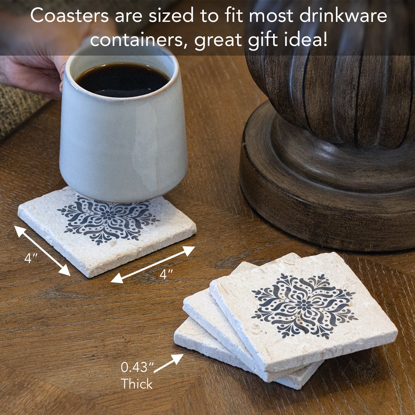 Thirstystone Blue Medallion 4 Pack Natural Shell Stone Absorbent Coasters with Protective Cork Backing Manufactured in The USA