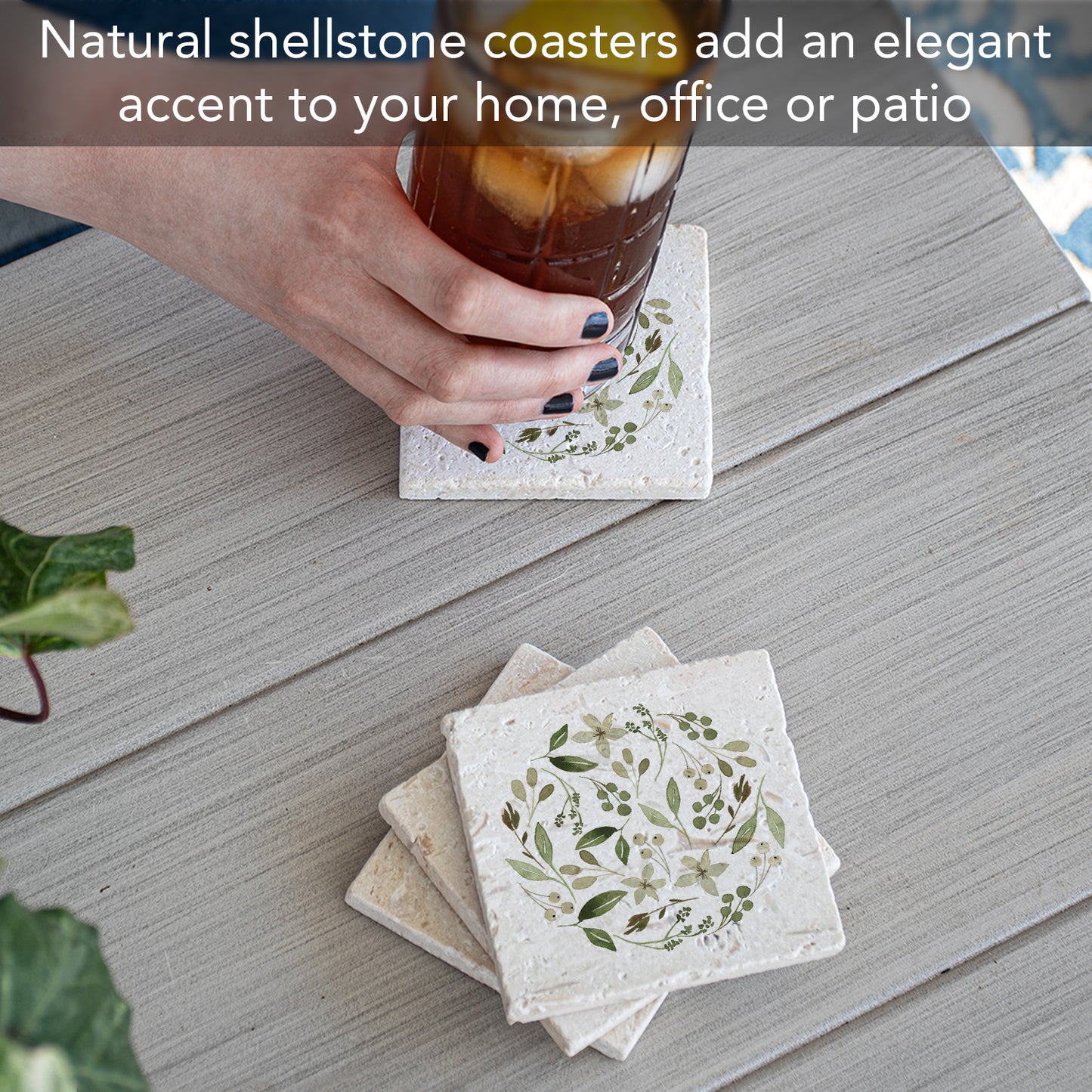 Thirstystone Floral Tumble 4 Pack Natural Shell Stone Absorbent Coasters with Protective Cork Backing Manufactured in The USA
