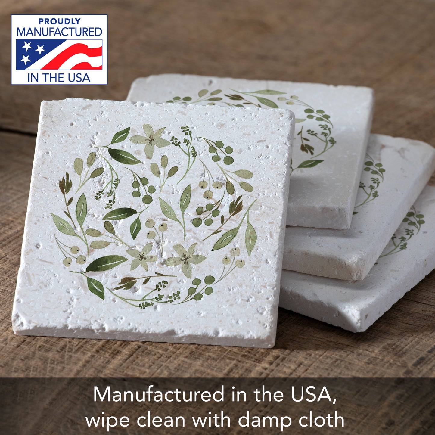 Thirstystone Floral Tumble 4 Pack Natural Shell Stone Absorbent Coasters with Protective Cork Backing Manufactured in The USA