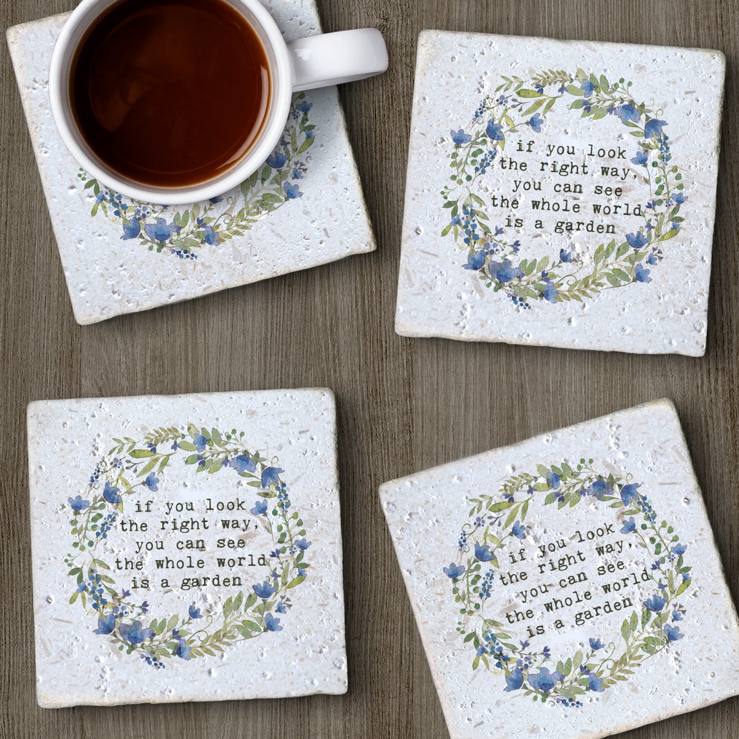 Thirstystone World is A Garden 4 Pack Natural Shell Stone Absorbent Coasters with Protective Cork Backing Manufactured in The USA