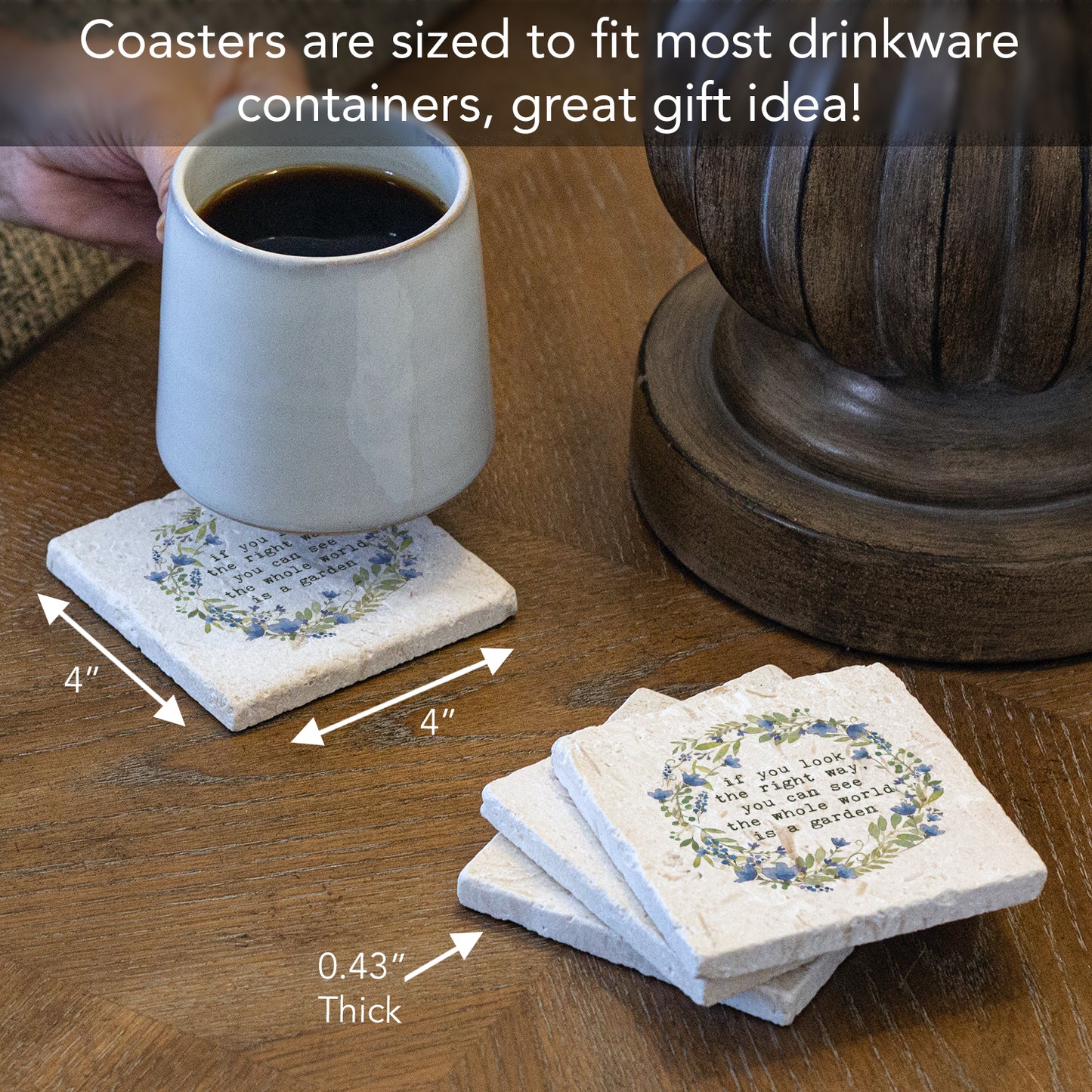 Thirstystone World is A Garden 4 Pack Natural Shell Stone Absorbent Coasters with Protective Cork Backing Manufactured in The USA