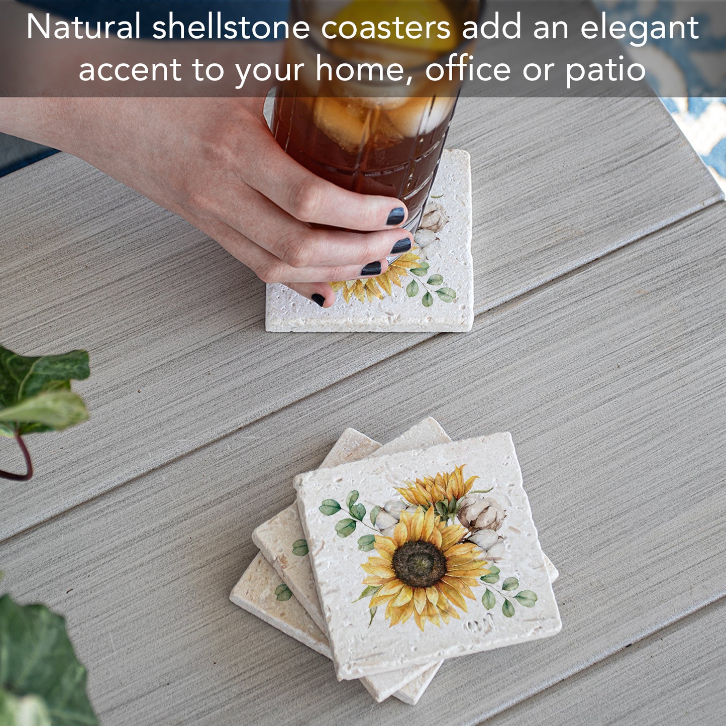 Thirstystone Sunflowers 4 Pack Natural Shell Stone Absorbent Coasters with Protective Cork Backing Manufactured in The USA