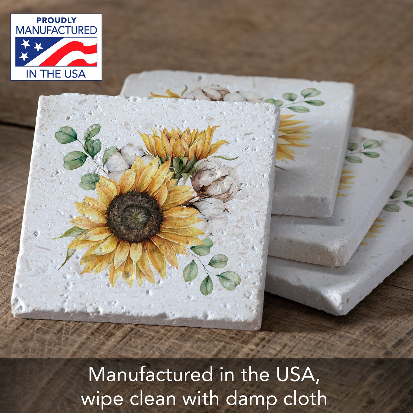 Thirstystone Sunflowers 4 Pack Natural Shell Stone Absorbent Coasters with Protective Cork Backing Manufactured in The USA