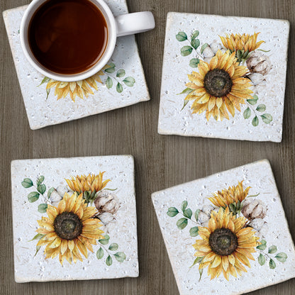 Thirstystone Sunflowers 4 Pack Natural Shell Stone Absorbent Coasters with Protective Cork Backing Manufactured in The USA