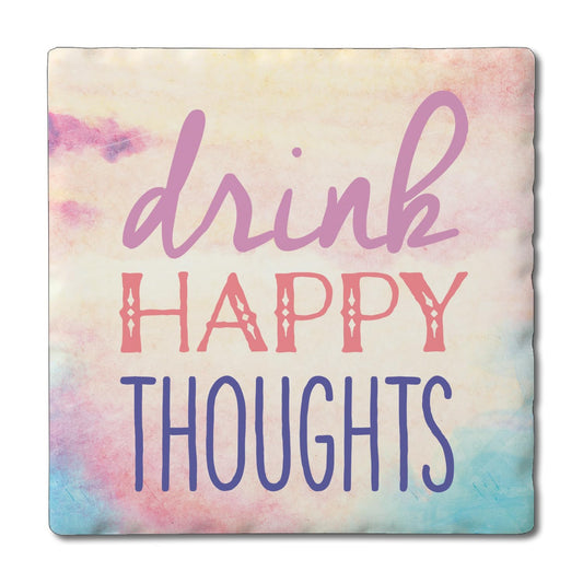 Thirstystone Drink Happy Thoughts Single Tumbled Tile Stone Coaster with Protective Cork Backing Manufactured in The USA 4" Square, Artistic, Easily Wipes Clean