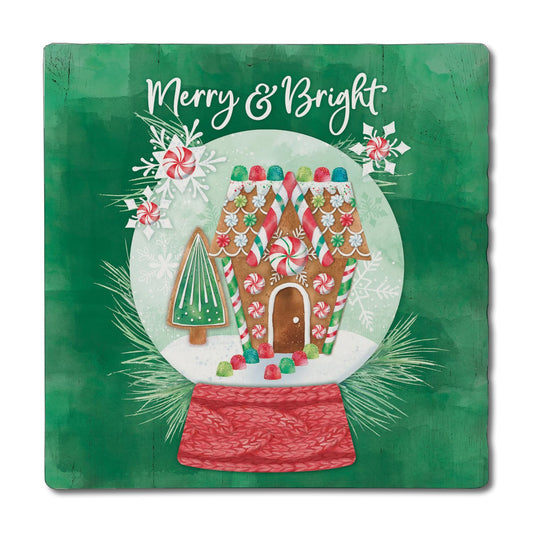 Thirstystone Merry & Bright Snowglobe Single Tumbled Tile Stone Coaster with Protective Cork Backing Manufactured in The USA 4" Square, Artistic, Easily Wipes Clean
