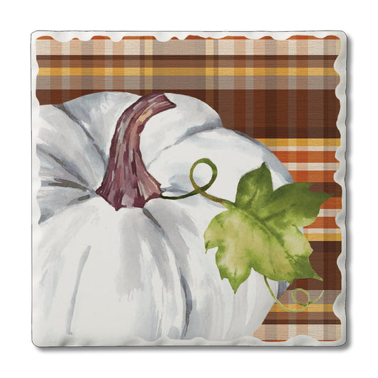 Thirstystone White Pumpkin on Plaid Single Tumbled Tile Stone Coaster with Protective Cork Backing Manufactured in The USA 4" Square, Colorful, Artistiic, Easily Wipes Clean