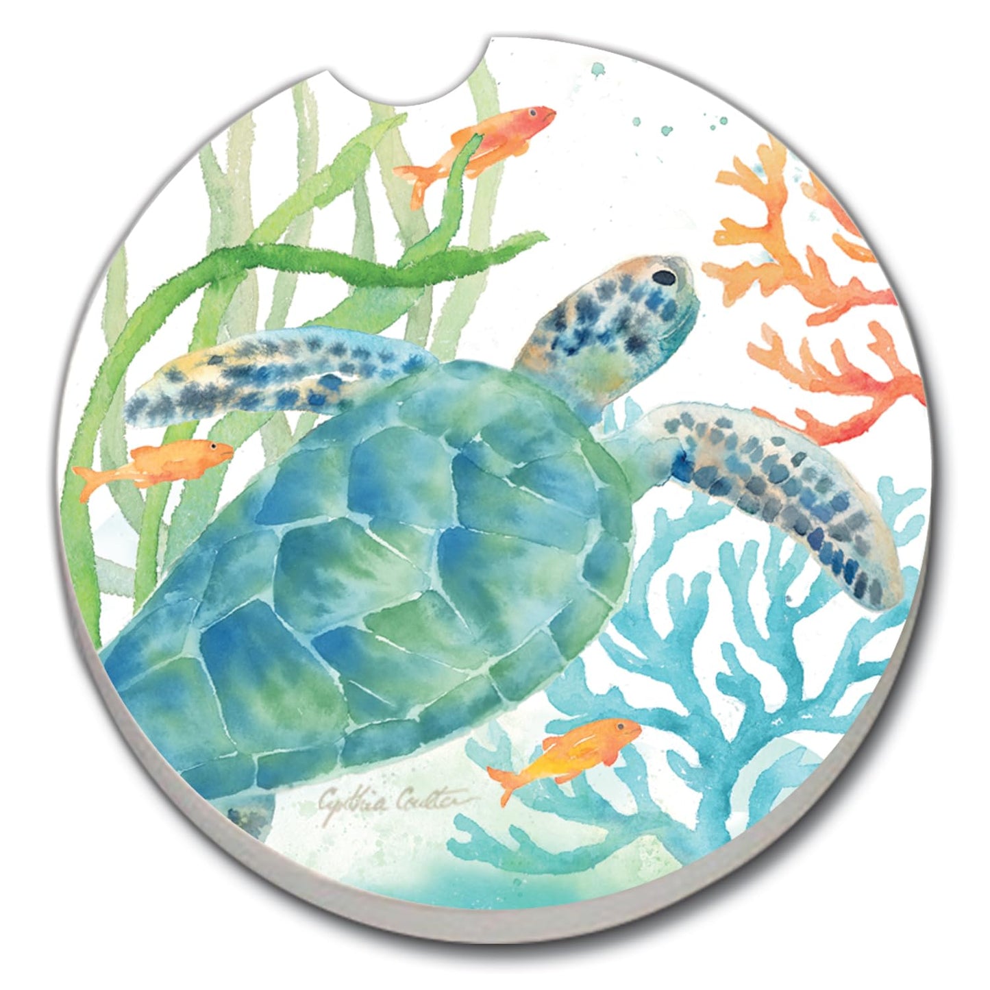 Thirstystone Sea Life Serenade Single Absorbent Stone Coaster for Vehicle Cup Holder 2.6” Diameter Manufactured in The USA