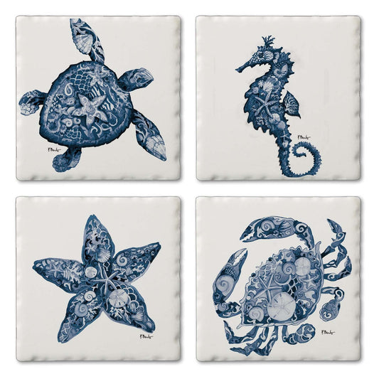 Thirstystone Nassau Sea Life 4-Pack Assorted Tumbled Tile Stone Coasters 4" Square