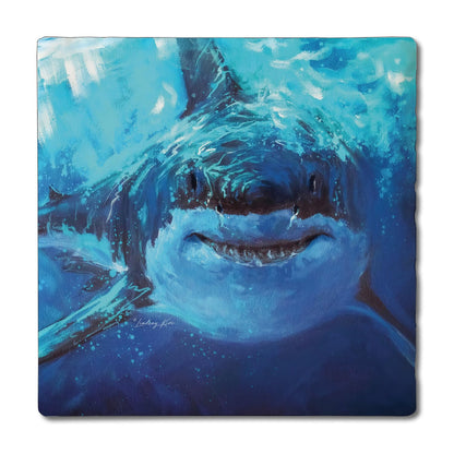 Thirstystone Deep Blue Shark 4 Pack Tumbled Tile Stone Coasters 4" Square Manufactured in the USA
