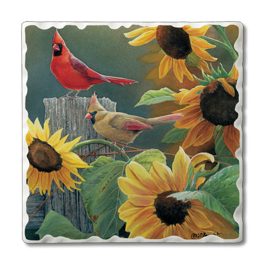 Thirstystone Cardinal & Sunflowers Single Tumbled Tile Stone Coaster with Protective Cork Backing Manufactured in The USA 4" Square, Artistic, Easily Wipes Clean