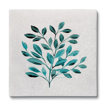 Thirstystone Teal Leaves 4-Pack Natural Marble Stone Coaster with Protective Cork Backing Manufactured in The USA