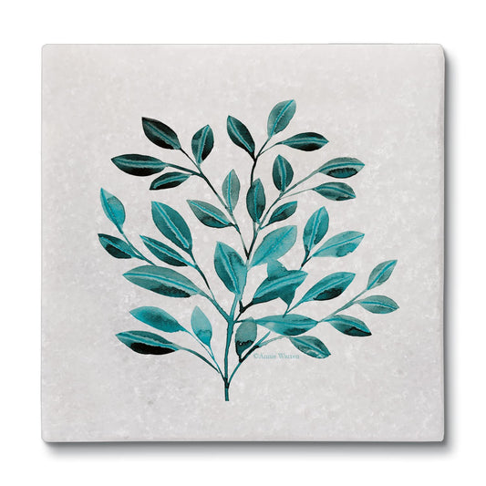 Thirstystone Teal Leaves 4-Pack Natural Marble Stone Coaster with Protective Cork Backing Manufactured in The USA