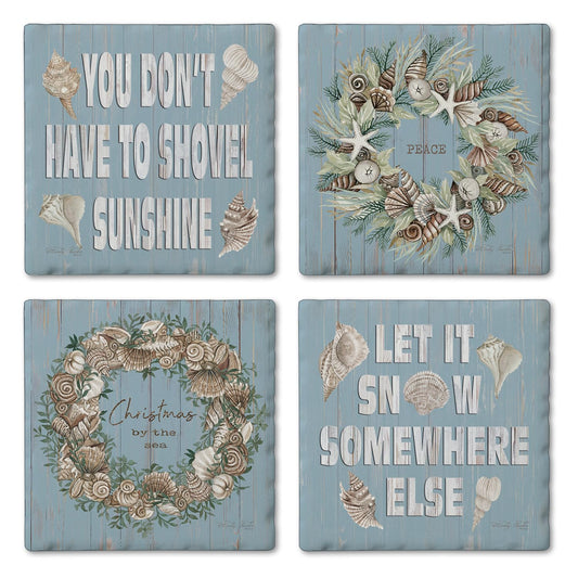 Thirstystone Let It Snow 4 Pack Assorted Tumbled Tile Stone Coasters 4" Square