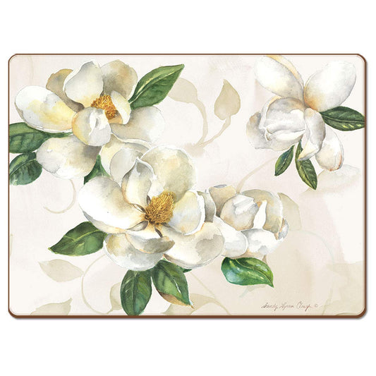 CounterArt Magnolias Premium Decorative Hardboard Tabletop Placemats 4-Pack Manufactured in The USA Heat Tolerant and Easily Wipes Clean