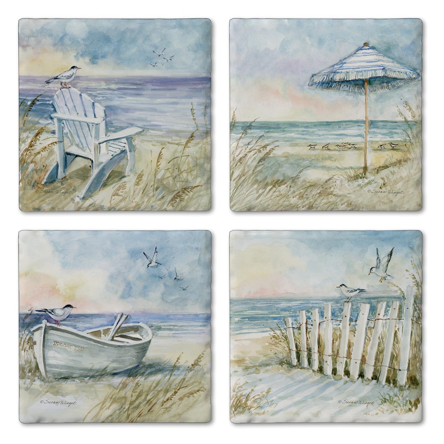 Thirstystone Coastal Sanctuary 4 Pack Assorted Tumbled Tile Stone Coasters 4" Square