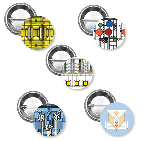 Window Collections Decorative 5 Piece Buttons Designs by FLW 1.5” Diameter Manufactured in the USA Lapel Pin Brooch Badge Hat Pin