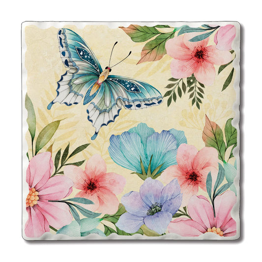Thirstystone Blue Butterfly Bloom Single Tumbled Tile Stone Coaster with Protective Cork Backing Manufactured in The USA 4" Square