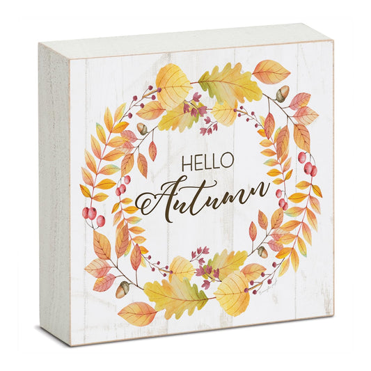 CounterArt Hello Autumn Artistic Freestanding Solid Wood Block Sign Made in the USA 3.75” Square Decorative Accent for Home or Office