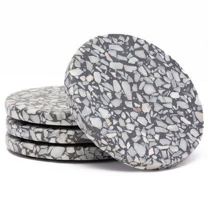 Thirstystone 4 Pack Black & White Natural Terrazzo Coasters with Protective Cork Backing 4" Diameter Attractive Absorbent Easily Wipes Clean